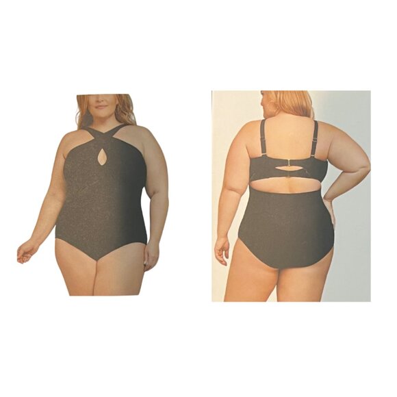 NWT LYSA women's plus size 1X black halter UPF 50+ one piece swimsuit padded bra - Picture 3 of 10